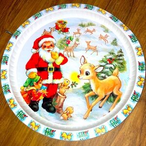 Rare vintage retro 1950s classic Rudolph, baby Santa cookie plate metal
